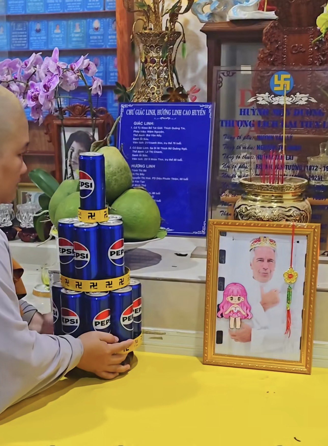 "Next level superstition in Cambodia where shamans have framed Epstein in their shrine to harness evil magic power to curse on their clients’ enemies."