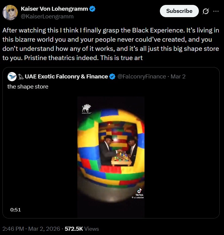 A post reacting to the Shape Store video. It reads, "After watching this I think I finally grasp the Black Experience. It’s living in this bizarre world you and your people never could’ve created, and you don’t understand how any of it works, and it’s all just this big shape store to you. Pristine theatrics indeed. This is true art."