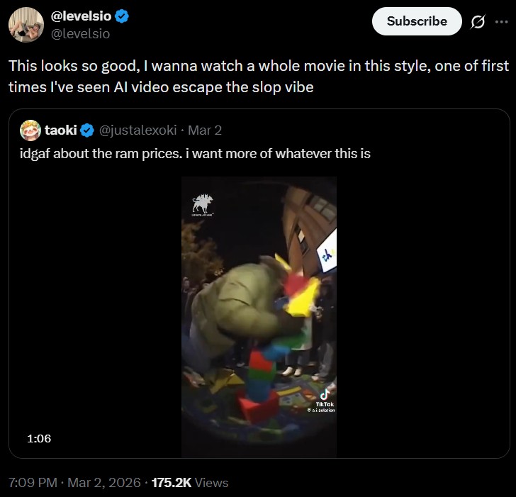 A reaction to The Shape Store. It reads, "This looks so good, I wanna watch a whole movie in this style, one of first times I've seen AI video escape the slop vibe."