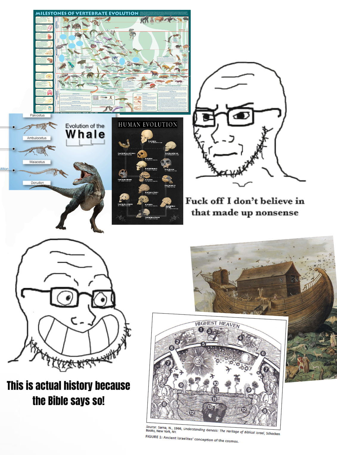 Million MILESTONES OF VERTEBRATE EVOLUTION Pakicetus Evolution of the HUMAN EVOLUTION Whale Ambulocetus Maiacetus Dorudon This is actual history because the Bible says so! F--- off I don't believe in that made up nonsense HIGHEST HEAVEN 12 Source: Sarna, N., 1966, Understanding Genesis: The Heritage of Biblical Israel, Schocken Books, New York, NY. FIGURE 1: Ancient Israelites' conception of the cosmos.
