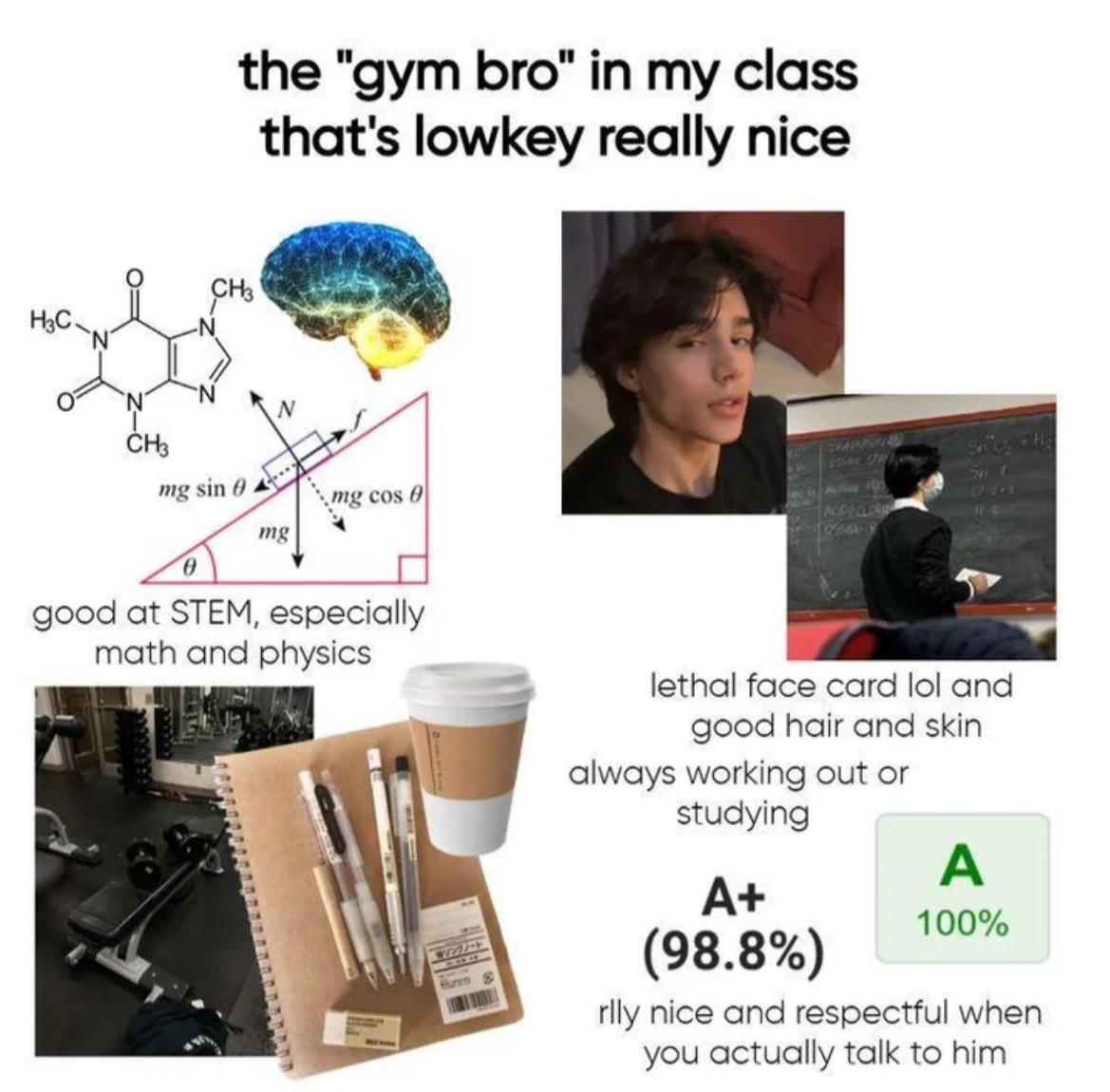 the "gym bro" in my class that's lowkey really nice H3C CH3 CH3 mg sin mg TRASATIONAL mg cos 0 osser $ good at STEM, especially math and physics リングノート ACDOCLES 0558008 Shop d 5, 1 C 223 lethal face card lol and good hair and skin always working out or studying A+ A 100% (98.8%) rlly nice and respectful when you actually talk to him
