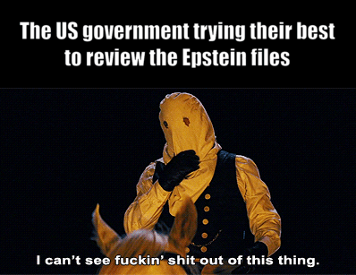 The US government trying their best to review the Epstein files I can't see f-----' s--- out of this thing.