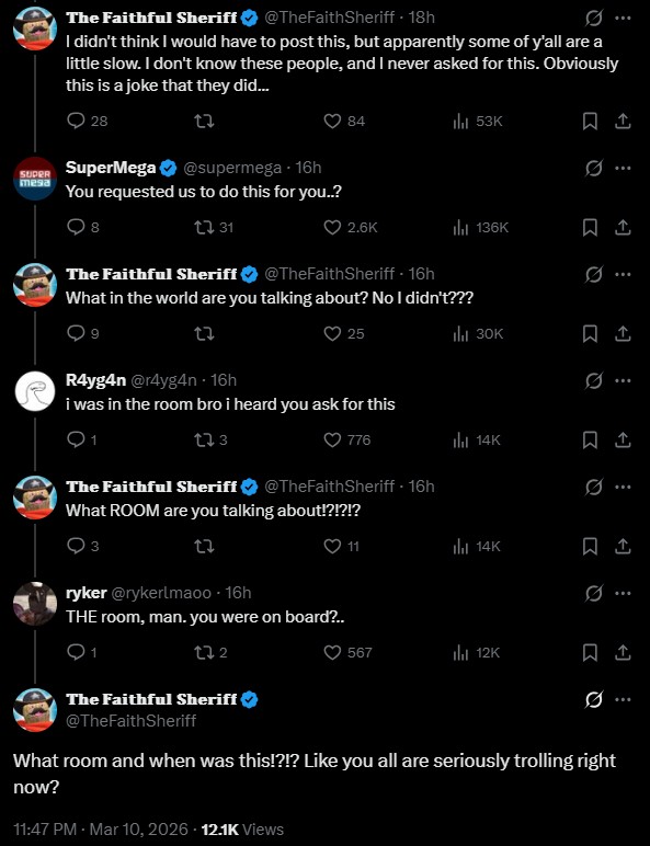 A comment thread left under a SuperMega tweet. In the thread, the Faithful Sheriff denies commissioning them to make him a meme edit where his peanutsona has a visible weiner.
