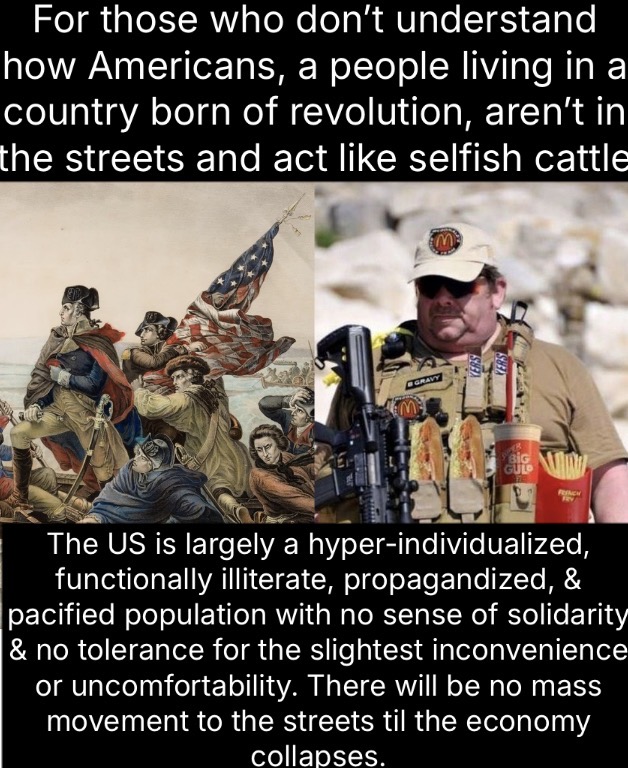 For those who don't understand how Americans, a people living in a country born of revolution, aren't in the streets and act like selfish cattle M GRAVY M BIG GULD FENC The US is largely a hyper-individualized, functionally illiterate, propagandized, & pacified population with no sense of solidarity & no tolerance for the slightest inconvenience or uncomfortability. There will be no mass movement to the streets til the economy collapses.