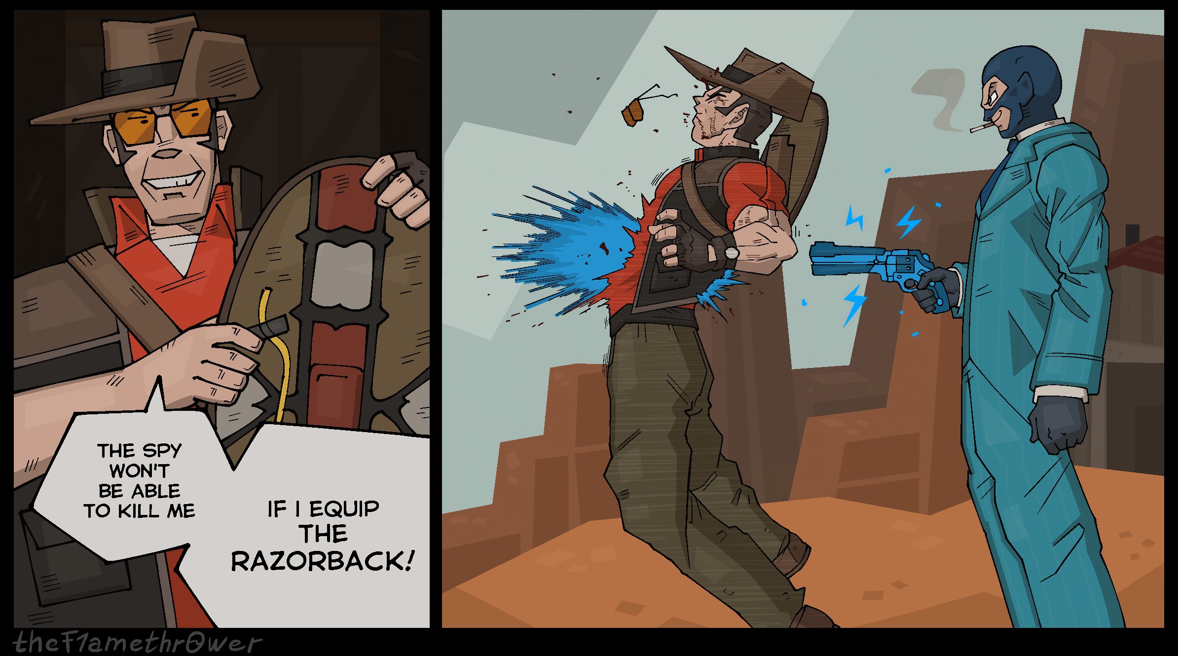 71 7/ 71 71 THE SPY WON'T BE ABLE TO KILL ME IF I EQUIP THE RAZORBACK! the Flamethrower 2