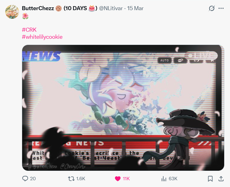 ButterChezz (10 DAYS )@NLitivar - 15 Mar 0 #CRK #whitelilycookie EWS E Whit ast Ci\EN D' Cookie's acrilce the "Be st-Yeast Owner Chezz @Chezy Artz 20 t 1.6K AUTO ... 11K ill 63K ធ...