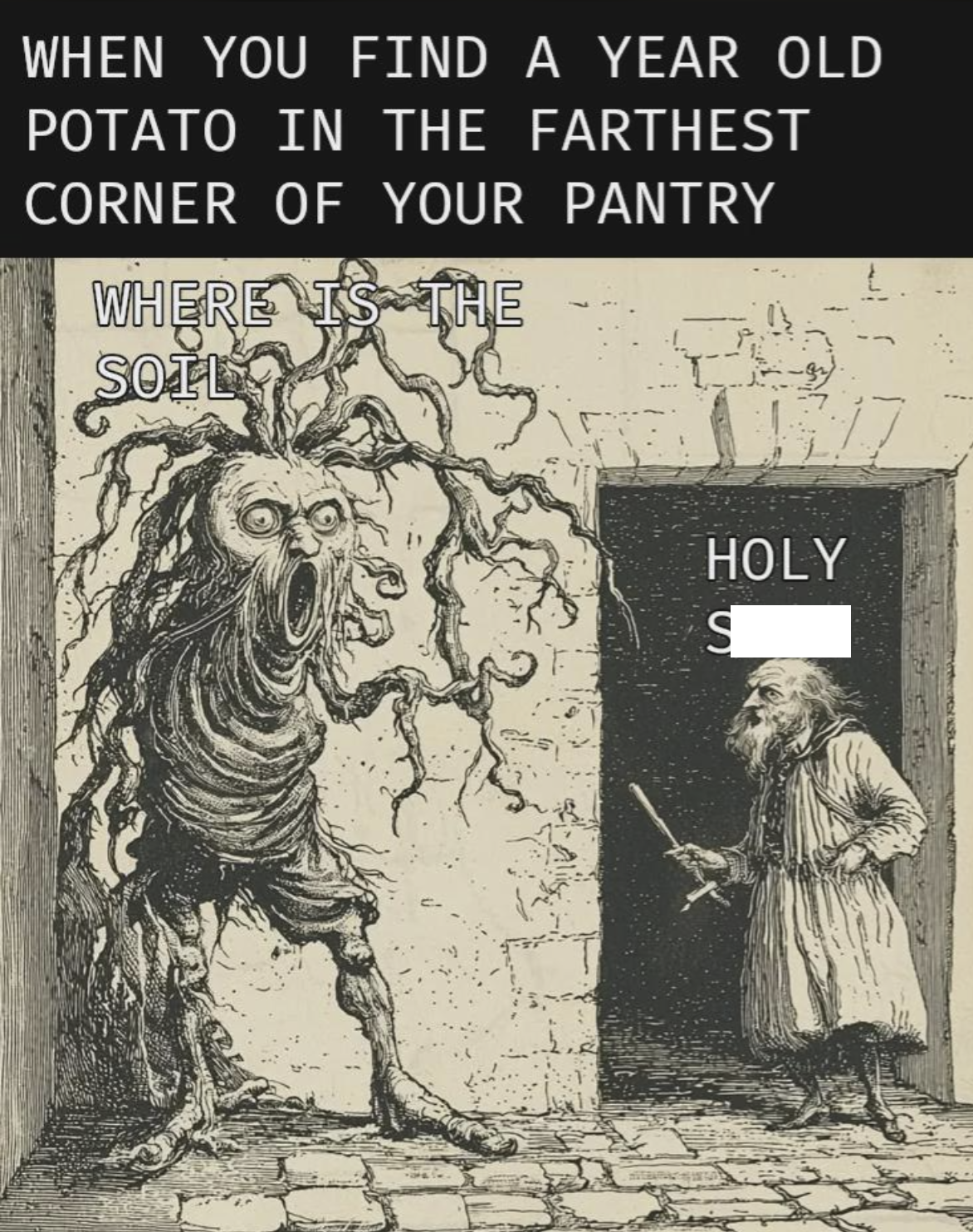 WHEN YOU FIND A YEAR OLD POTATO IN THE FARTHEST CORNER OF YOUR PANTRY WHERE IS THE SOIL HOLY S