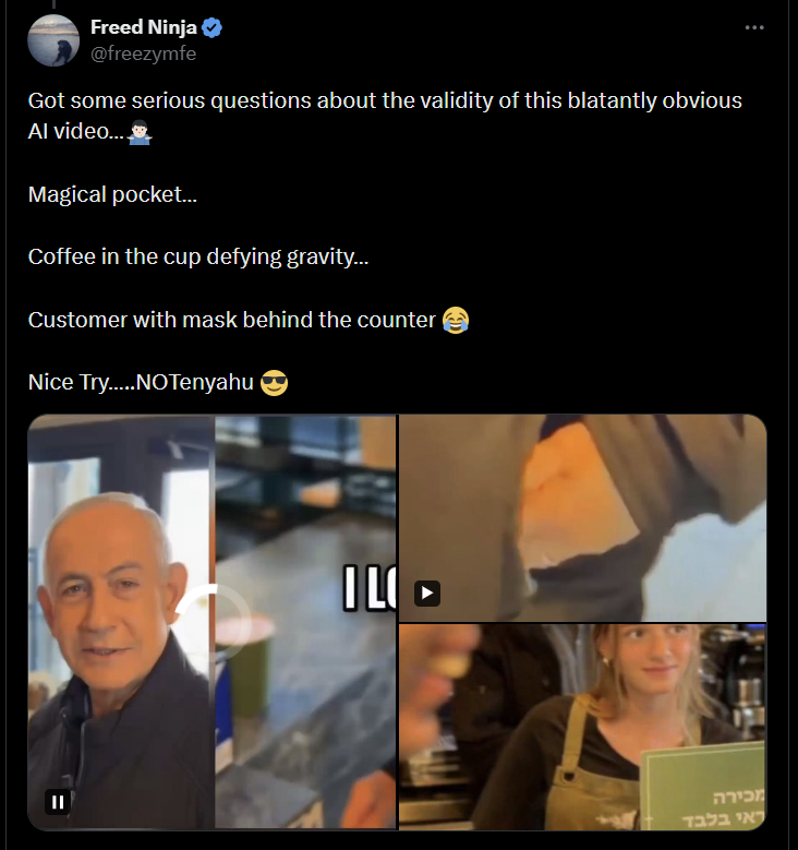 Freed Ninja @freezymfe Got some serious questions about the validity of this blatantly obvious Al video....❤ Magical pocket... Coffee in the cup defying gravity... Customer with mask behind the counter Nice Try.....NOTenyahu II ILI מכירה ראי בלבד