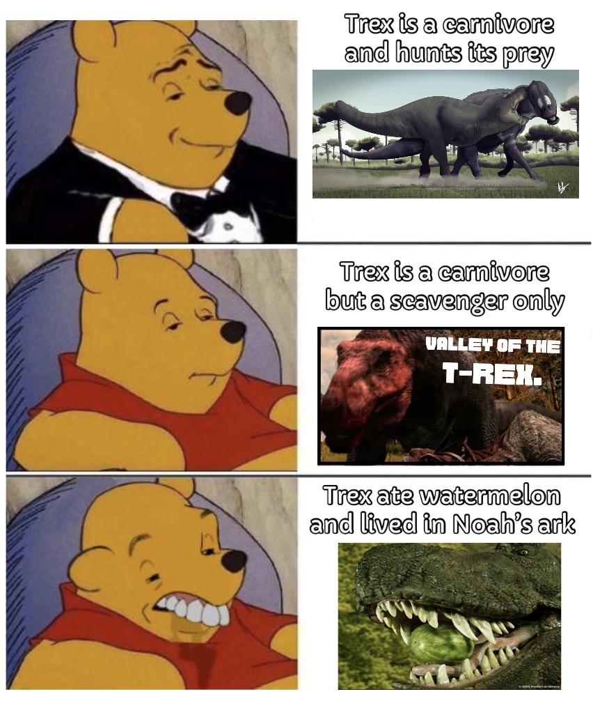 Trex is a carnivore and hunts its prey Trex is a carnivore but a scavenger only VALLEY OF THE T-REX. Trex ate watermelon and lived in Noah's ark