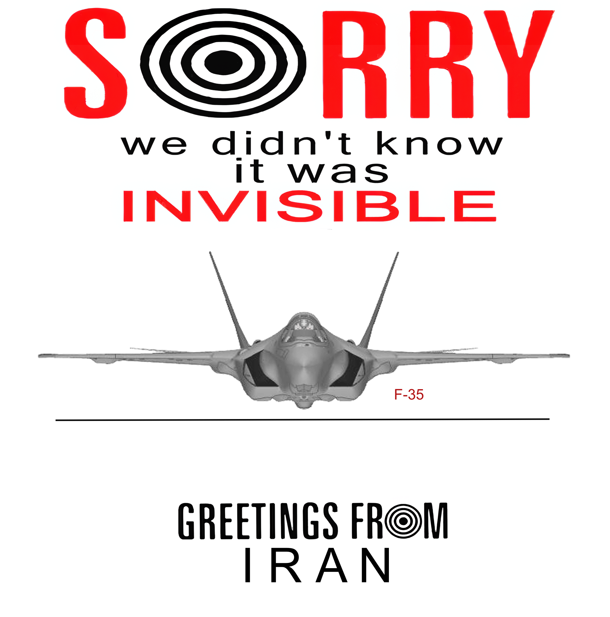 On March 19, "it was reported":https://www.ynetnews.com/article/sk3ai5yq11e than an US F-35 Lightning II stealth fighter was forced to make an emergency landing by possible Iranian fire.

This is a parody of a famous "Serbian propaganda poster":https://en.wikipedia.org/wiki/File:Serbian_poster_%22Sorry_we_didn%27t_know_it_was_invisible%22.jpg made after the 1999 shootdown of an F-117 stealth bomber during the NATO bombing of Yugoslavia, mocking the aircraft's invisibility to radar.