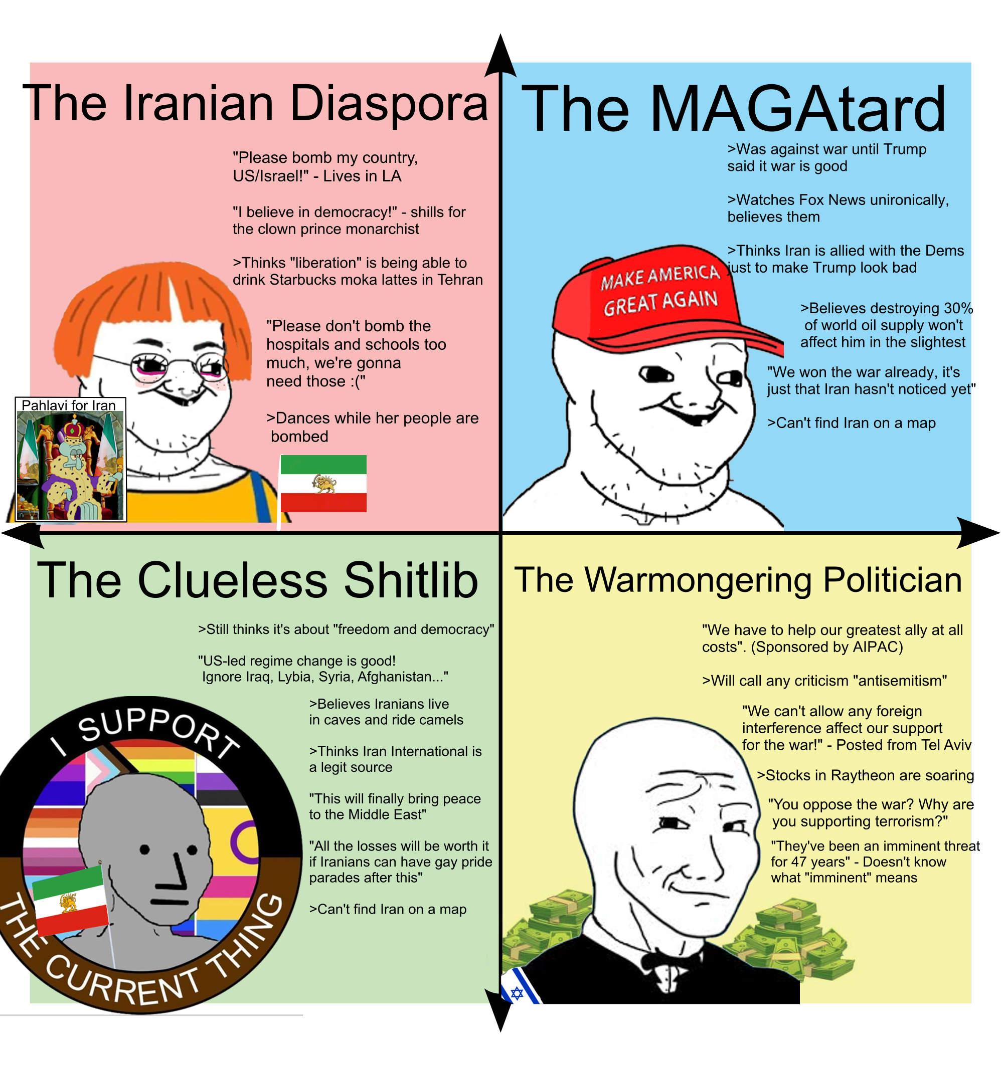 The Iranian Diaspora The MAGAtard "Please bomb my country, US/Israel!" - Lives in LA "I believe in democracy!" - shills for the clown prince monarchist >Thinks "liberation" is being able to drink Starbucks moka lattes in Tehran "Please don't bomb the hospitals and schools too much, we're gonna need those :(" Pahlavi for Iran >Dances while her people are bombed >Was against war until Trump said it war is good >Watches Fox News unironically, believes them >Thinks Iran is allied with the Dems MAKE AMERICA just to make Trump look bad GREAT AGAIN >Believes destroying 30% of world oil supply won't affect him in the slightest "We won the war already, it's just that Iran hasn't noticed yet" >Can't find Iran on a map The Clueless Shitlib The Warmongering Politician >Still thinks it's about "freedom and democracy" "US-led regime change is good! Ignore Iraq, Lybia, Syria, Afghanistan..." SUPPORT >Believes Iranians live in caves and ride camels >Thinks Iran International is a legit source "This will finally bring peace to the Middle East" "All the losses will be worth it if Iranians can have gay pride parades after this" >Can't find Iran on a map "We have to help our greatest ally at all costs". (Sponsored by AIPAC) >Will call any criticism "antisemitism" "We can't allow any foreign interference affect our support for the war!" - Posted from Tel Aviv >Stocks in Raytheon are soaring "You oppose the war? Why are you supporting terrorism?" "They've been an imminent threat for 47 years" - Doesn't know what "imminent" means THE CURRENT THING