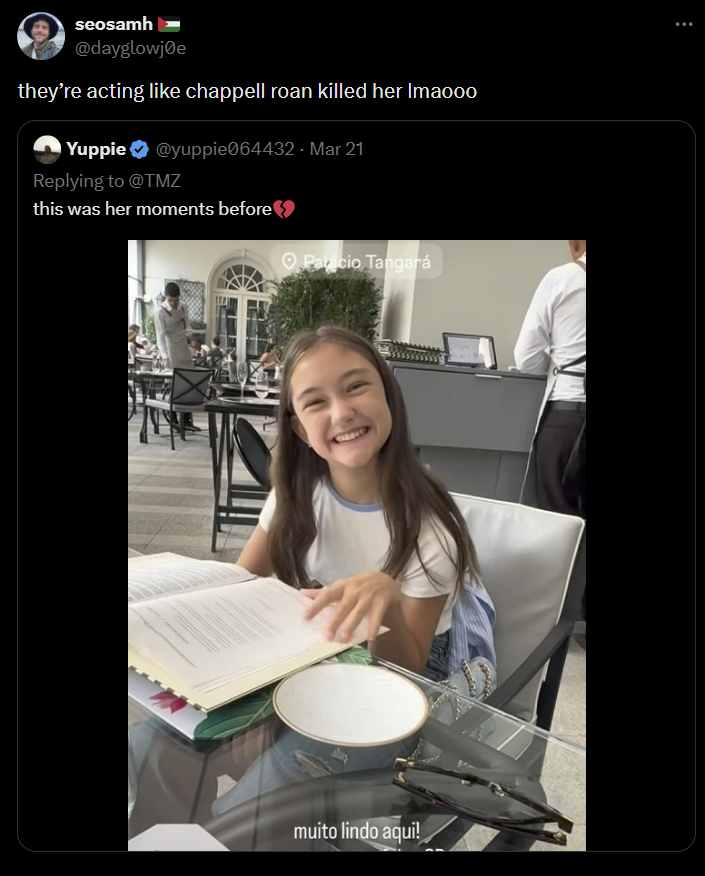 seosamh @dayglowjØe they're acting like chappell roan killed her Imaooo Yuppie @yuppie064432 - Mar 21 Replying to @TMZ this was her moments before Palacio Tangará muito lindo aqui!