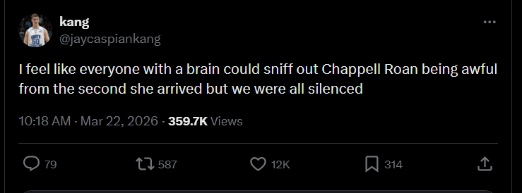 kang @jaycaspiankang I feel like everyone with a brain could sniff out Chappell Roan being awful from the second she arrived but we were all silenced 10:18 AM - Mar 22, 2026 - 359.7K Views 79 7587 12K 314 ↑
