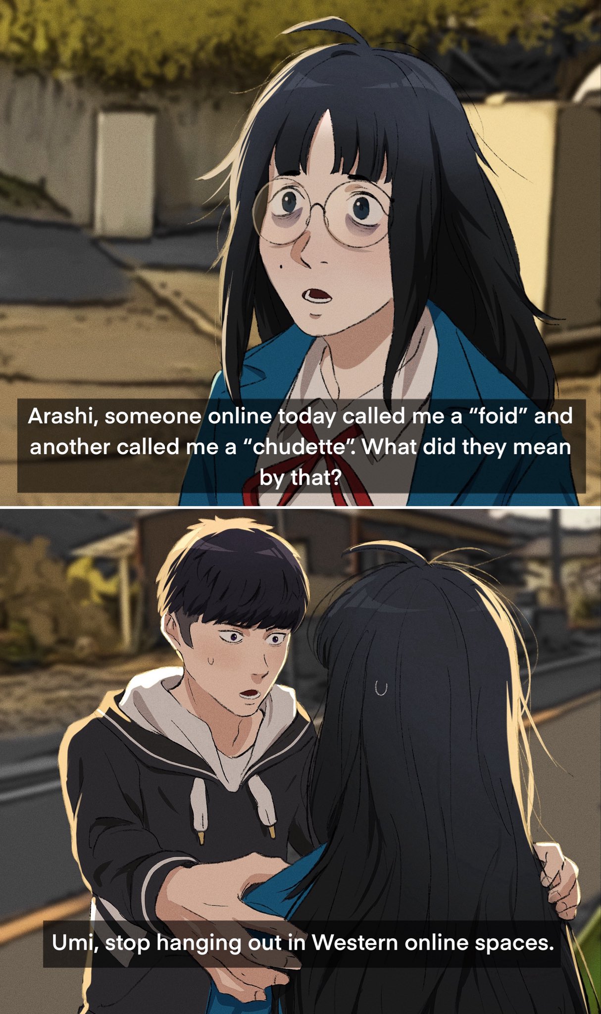 Arashi, someone online today called me a "foid" and another called me a "chudette". What did they mean by that? Umi, stop hanging out in Western online spaces.