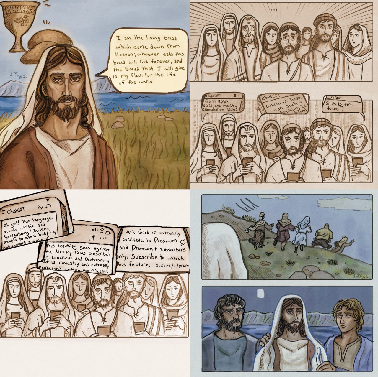 A Lux Angele I am the living bread which came down from Heaven; whoever eats this bread will live forever, and the bread that I will give is my flesh for the life of the world, -ChatGPT 80 Oh girl! This language Sounds unsafe and dysregulating! Inviting people to eat a body may! not support a sense Hill ☑ D This teaching goes against the dietary laws prescribed Ask Grok is currently available to Premium and Premium + Subscribers only. Subscribe to unlock En Leviticus and Deuteronomy. This feature. x.com/i/premi It is ethically and culturally incoherent within the Mosaic Chat GPT Girl! Rabbi said we must 三 cannibalize Him! chat GT Where in Torah can such a teaching be Found GROK Grok is this true? 22 Angelne