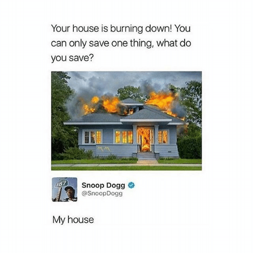 Your house is burning down! You can only save one thing, what do you save? 187 Snoop Dogg @Snoop Dogg My house
