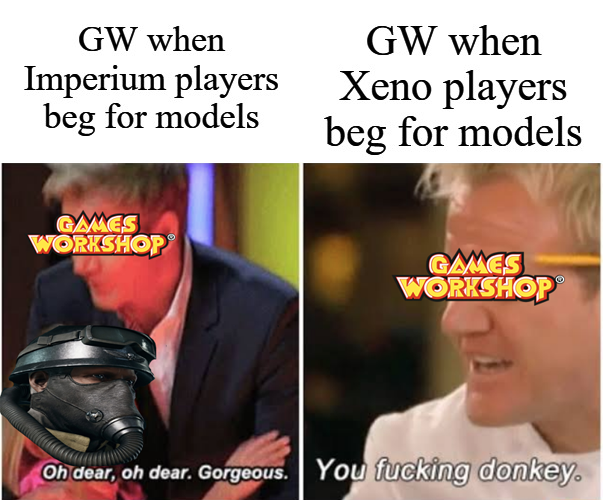 GW when Imperium players beg for models GW when Xeno players beg for models GAMES WORKSHOP GAMES WORKSHOP Oh dear, oh dear. Gorgeous. You f------ donkey.