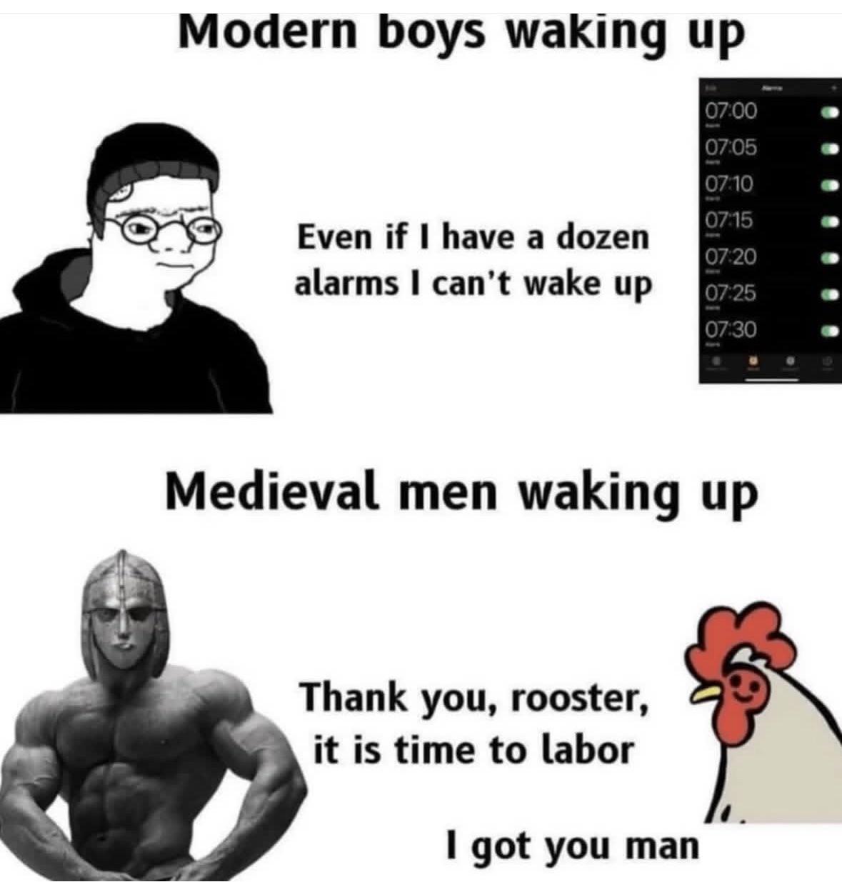 Modern boys waking up 07:00 07:05 07:10 07:15 Even if I have a dozen 07:20 alarms I can't wake up 07:25 07:30 Medieval men waking up Thank you, rooster, it is time to labor I got you man