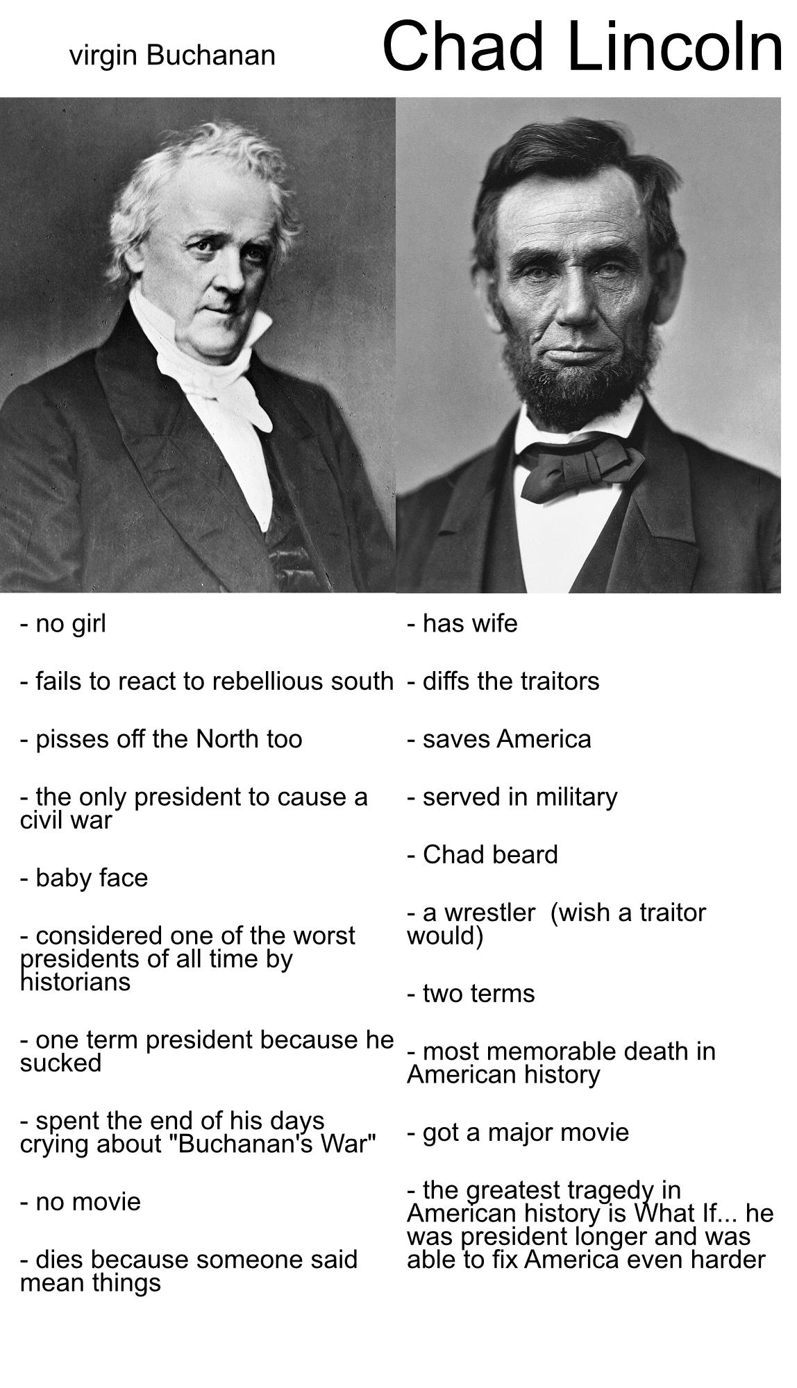 virgin Buchanan - no girl Chad Lincoln - has wife - fails to react to rebellious south - diffs the traitors - pisses off the North too - the only president to cause a civil war - baby face - considered one of the worst presidents of all time by historians - one term president because he sucked - spent the end of his days crying about "Buchanan's War" no movie - dies because someone said mean things - saves America - served in military - Chad beard - a wrestler (wish a traitor would) - two terms most memorable death in American history - got a major movie - the greatest tragedy in American history is What If... he was president longer and was able to fix America even harder