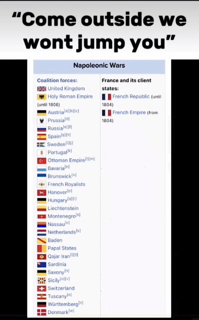 "Come outside we wont jump you" Napoleonic Wars Coalition forces: United Kingdom France and its client states: Holy Roman Empire French Republic (until (until 1806) 1804) Austrialal[b][c] French Empire (from Prussiala 1804) Russia Spain(a)(h) Sweden Portugalk Ottoman Empire[m] Bavarian Brunswicklo French Royalists Hanover(p) Hungaryfall Liechtenstein Montenegro(s) Nassau(o) Netherlands) Baden Papal States Qajar Iran Sardinia SaxonyIn Sicilyfully) +Switzerland Tuscanylo Württemberg Denmarkw