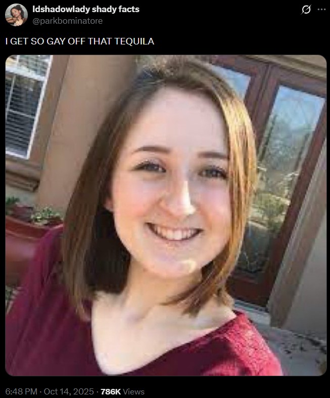 A tweet sharing a photo of Kayla Sims. The tweet is captioned, "I get so gay off that tequila."