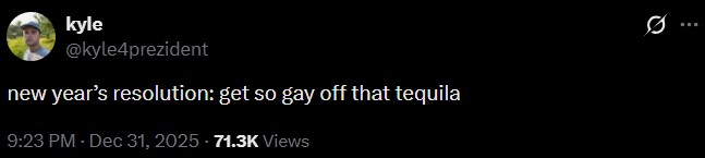 An X post. It reads, "new year’s resolution: get so gay off that tequila."