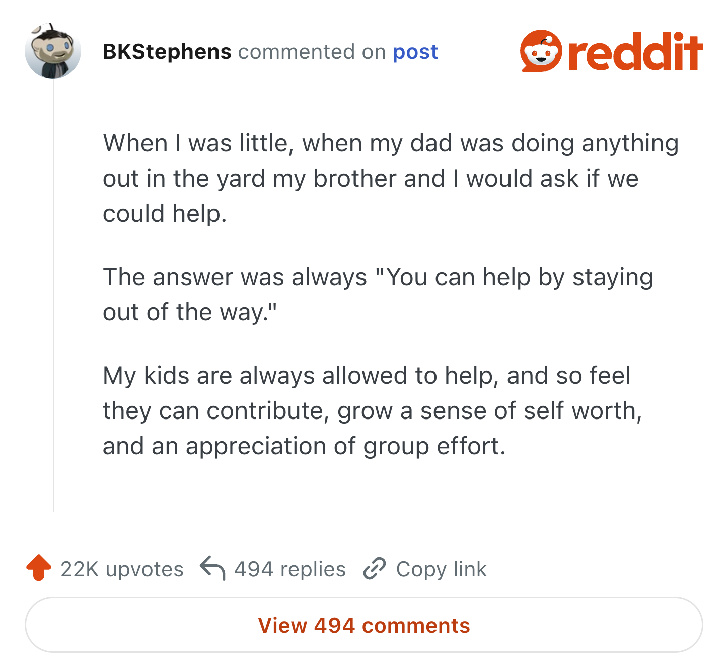 BKStephens commented on post reddit When I was little, when my dad was doing anything out in the yard my brother and I would ask if we could help. The answer was always "You can help by staying out of the way." My kids are always allowed to help, and so feel they can contribute, grow a sense of self worth, and an appreciation of group effort. 22K upvotes 494 replies Copy link View 494 comments