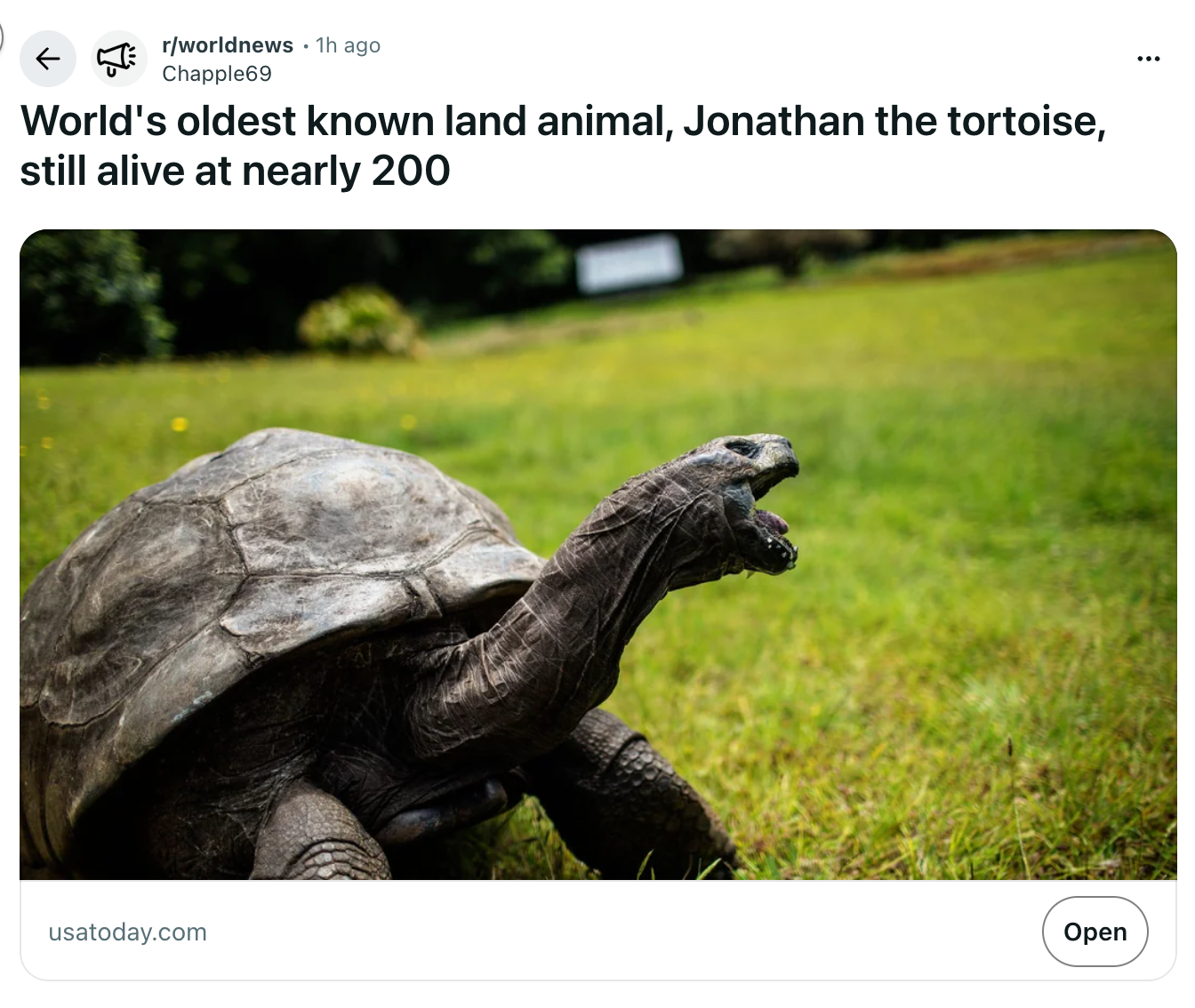 ← r/worldnews Chapple69 .1h ago World's oldest known land animal, Jonathan the tortoise, still alive at nearly 200 usatoday.com Open