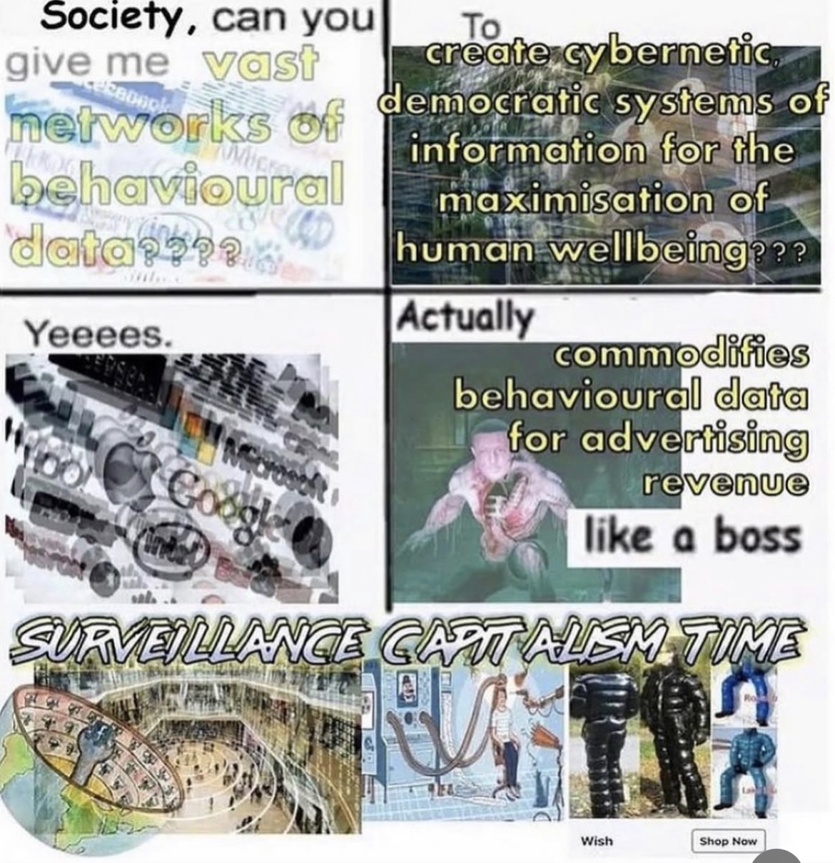 Society, can you give me vast networks of democratic systems of behavioural data???? To create cybernetic information for the maximisation of human wellbeing??? Actually commodifies Yeeees. Googl behavioural data for advertising revenue like a boss SURVEILLANCE CAPITALISM TIME Wish Shop Now