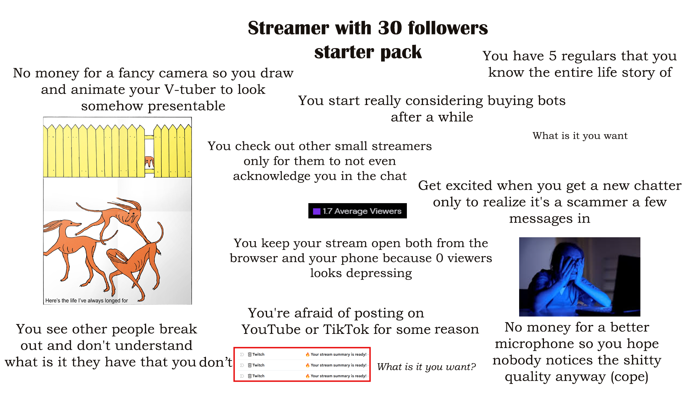 Streamer with 30 followers starter pack No money for a fancy camera so you draw and animate your V-tuber to look somehow presentable Here's the life I've always longed for You see other people break out and don't understand You have 5 regulars that you know the entire life story of You start really considering buying bots after a while You check out other small streamers only for them to not even acknowledge you in the chat | 1.7 Average Viewers What is it you want Get excited when you get a new chatter only to realize it's a scammer a few messages in You keep your stream open both from the browser and your phone because 0 viewers looks depressing You're afraid of posting on YouTube or TikTok for some reason > Twitch Your stream summary is ready! what is it they have that you don't Σ Twitch Your stream summary is ready! What is it you want? > Twitch Your stream summary is ready! No money for a better microphone so you hope nobody notices the s----- quality anyway (cope)