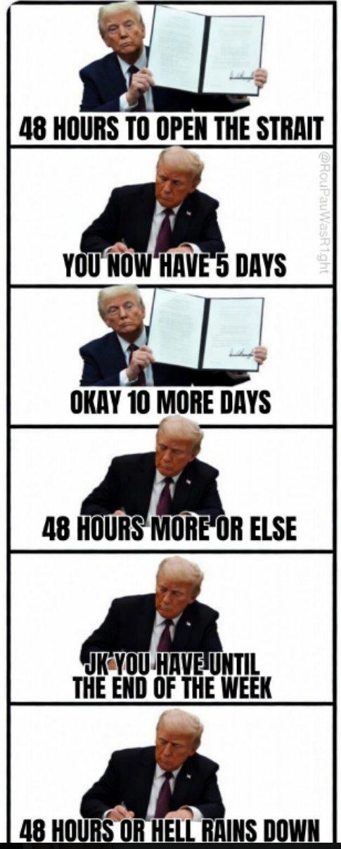48 HOURS TO OPEN THE STRAIT YOU NOW HAVE 5 DAYS OKAY 10 MORE DAYS 48 HOURS MORE OR ELSE JK YOU HAVE UNTIL THE END OF THE WEEK 48 HOURS OR HELL RAINS DOWN