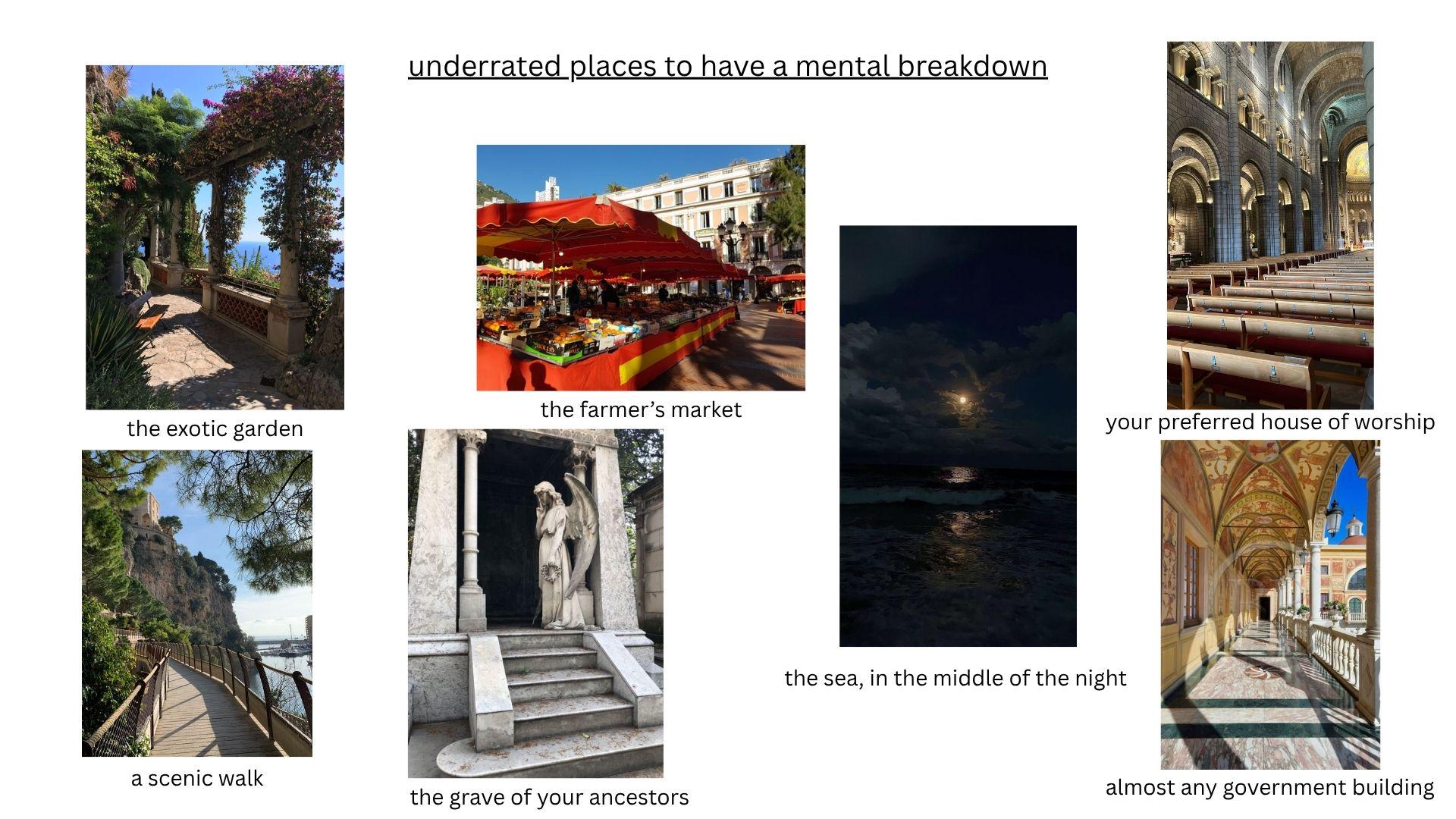 underrated places to have a mental breakdown the farmer's market the exotic garden your preferred house of worship a scenic walk the grave of your ancestors the sea, in the middle of the night almost any government building