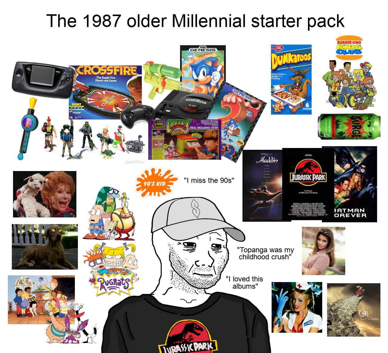 The 1987 older Millennial starter pack CROSSFIRE The Rapid Fire Shoot-out Game GENESIS DUNKaroos Dan Cookies Frosting BURGER KING KIDS RUGRATS MAGIC MANER REEPY 90'S KID REAL MOLDING OVEN GENESIS "I miss the 90s" TURASSIC PARK Aladdin JURASSIC PARK "Topanga was my childhood crush" "I loved this albums" SURGE BATMAN OREVER Kon