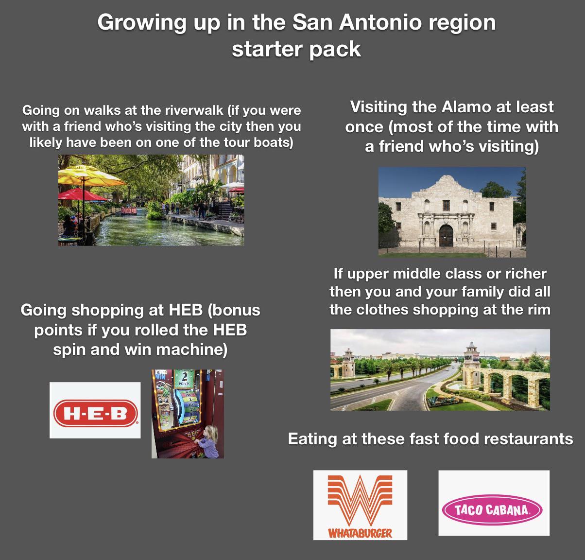 Growing up in the San Antonio region starter pack Going on walks at the riverwalk (if you were with a friend who's visiting the city then you likely have been on one of the tour boats) Visiting the Alamo at least once (most of the time with a friend who's visiting) Going shopping at HEB (bonus points if you rolled the HEB spin and win machine) If upper middle class or richer then you and your family did all the clothes shopping at the rim H-E-B 2 T וכויו Eating at these fast food restaurants וווה WHATABURGER TACO CABANA