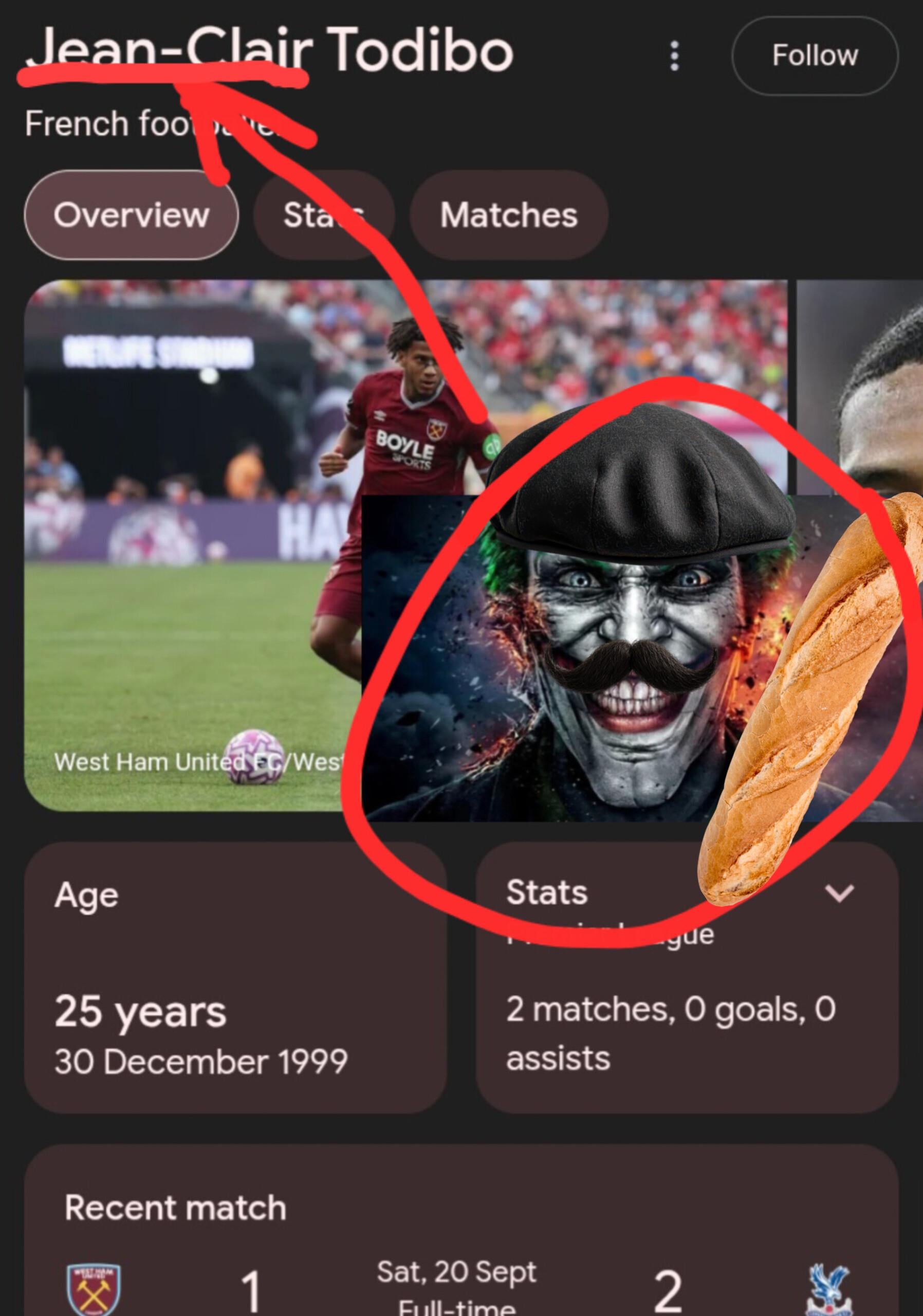 Jean-Clair Todibo French foote Overview Sta Matches HA West Ham United FC/West BOYLE SPORTS Follow Age 25 years 30 December 1999 Stats yue L 2 matches, O goals, O assists Recent match 1 Sat, 20 Sept 2 Full-time