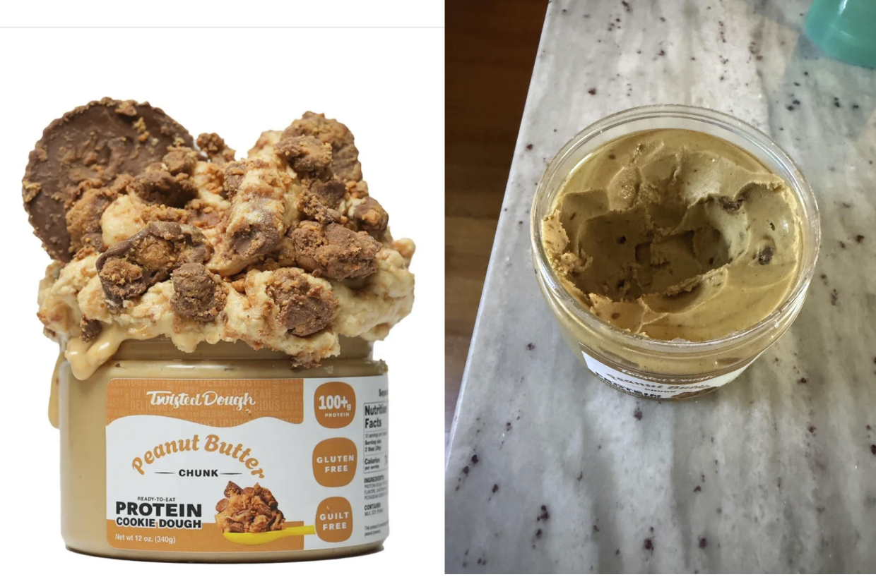 Twisted Dough IOUS Asm Peanut Butter READY-TO-EAT CHUNK PROTEIN COOKIE DOUGH Net wt 12 oz. (340g) 100+ PROTEIN GLUTEN FREE Nutriti Facts 2P Calori corum GUILT FREE