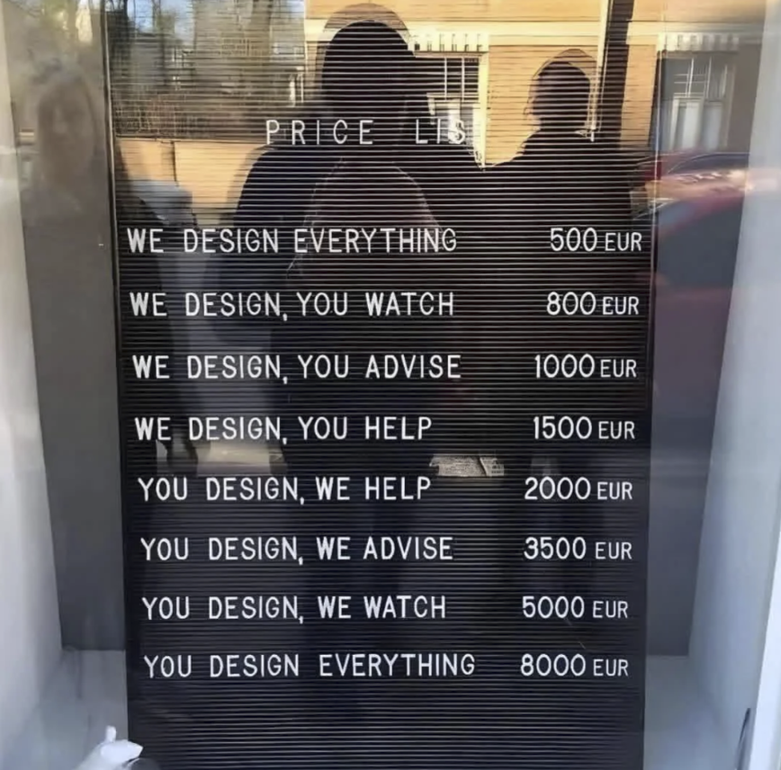 PRICE LIS WE DESIGN EVERYTHING 500 EUR WE DESIGN, YOU WATCH 800 EUR WE DESIGN, YOU ADVISE 1000 EUR WE DESIGN, YOU HELP 1500 EUR YOU DESIGN, WE HELP 2000 EUR YOU DESIGN, WE ADVISE 3500 EUR YOU DESIGN, WE WATCH 5000 EUR YOU DESIGN EVERYTHING 8000 EUR