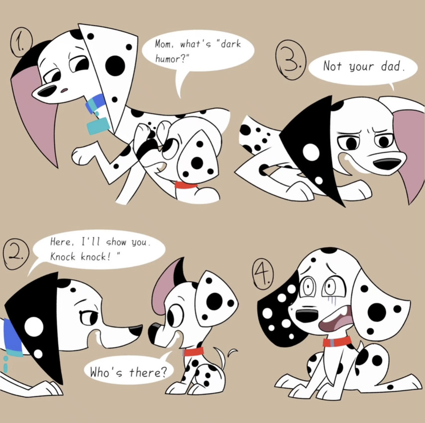 (2.) Here, I'll show you. Knock knock! Mom, what's "dark humor?" Who's there? (4.) Not your dad.