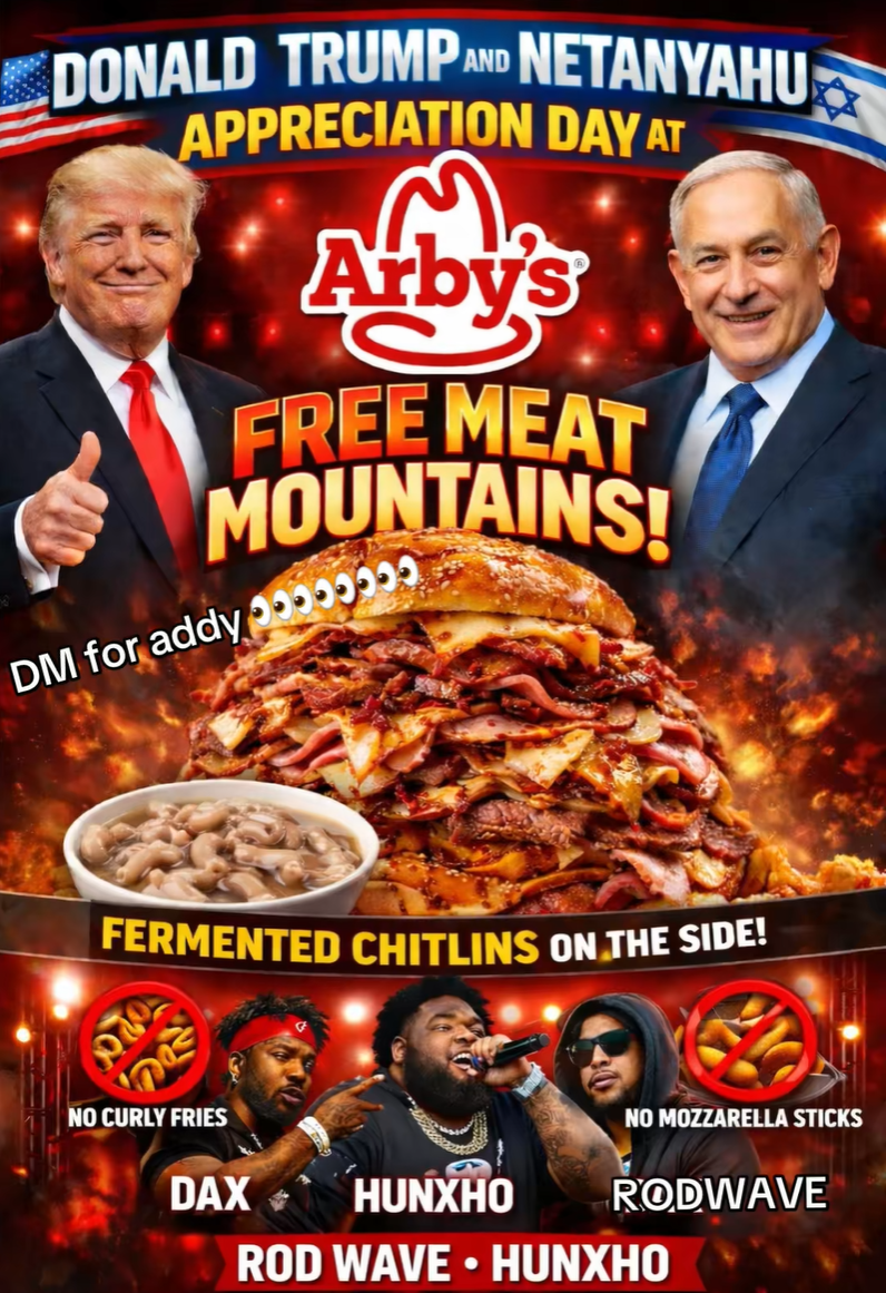 DONALD TRUMP AND NETANYAHU APPRECIATION DAY AT Arby's FREE MEAT MOUNTAINS! DM for addy 5.၁၁.၁ FERMENTED CHITLINS ON THE SIDE! NO CURLY FRIES DAX NO MOZZARELLA STICKS RODWAVE HUNXHO ROD WAVE - HUNXHO