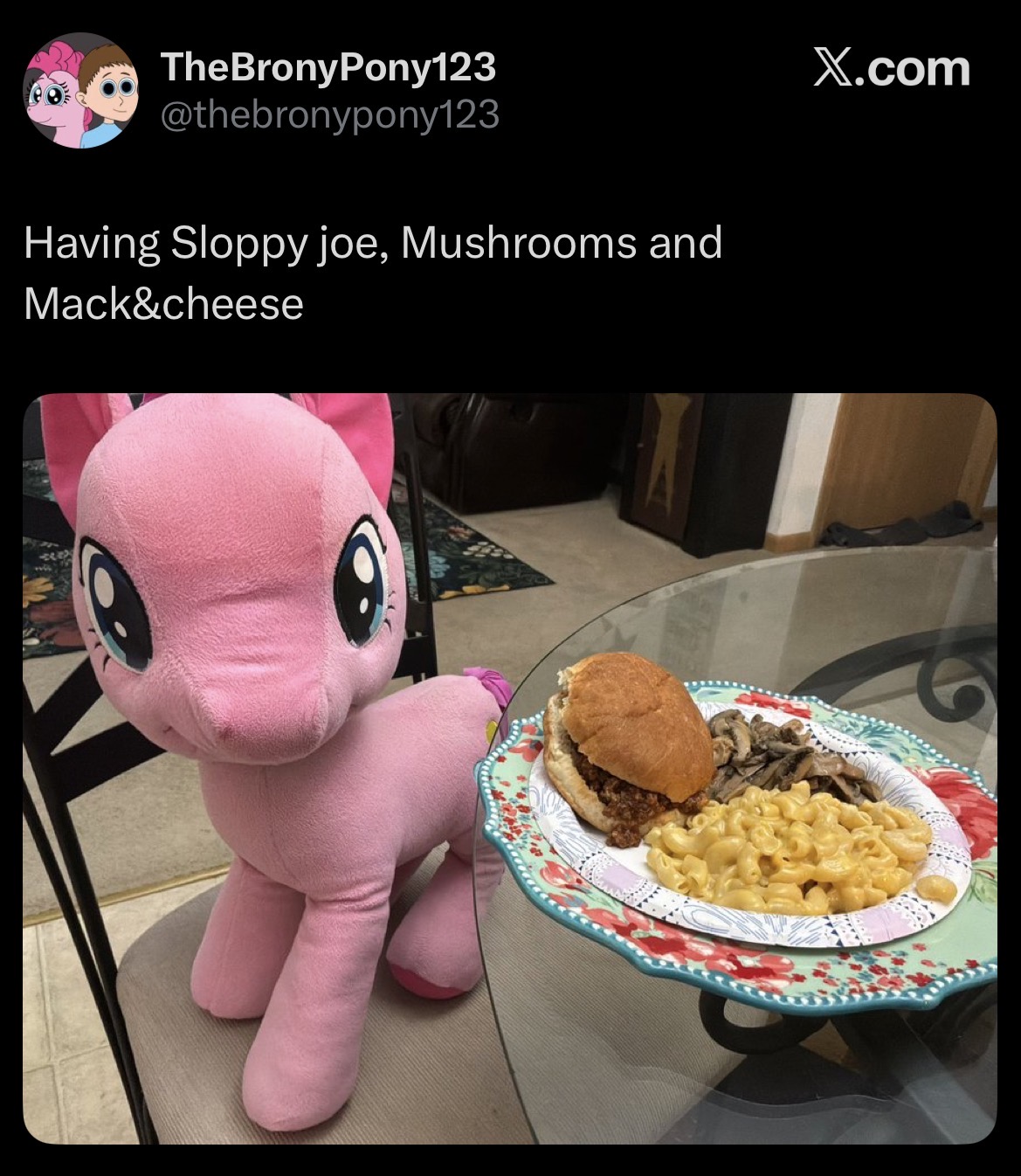 TheBrony Pony123 @thebronypony123 Having Sloppy joe, Mushrooms and Mack&cheese X.com