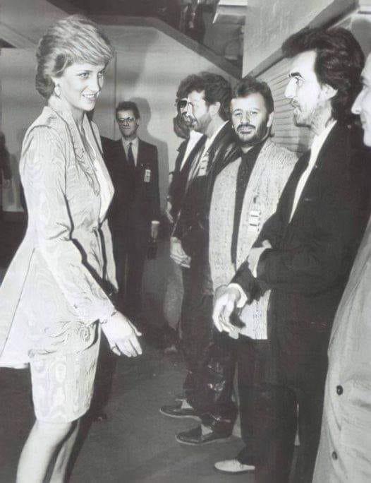 Princess Diana meets Eric Clapton, Ringo Starr and George Harrison back stage, 1987