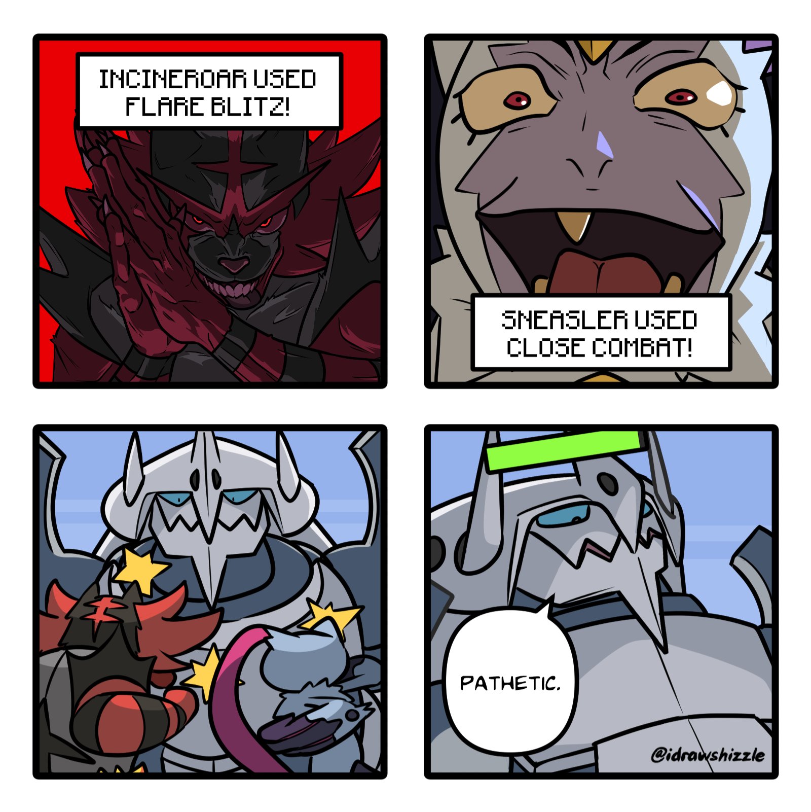 INCINEROAR USED FLARE BLITZ! SNEASLER USED CLOSE COMBAT! PATHETIC. @idrawshizzle