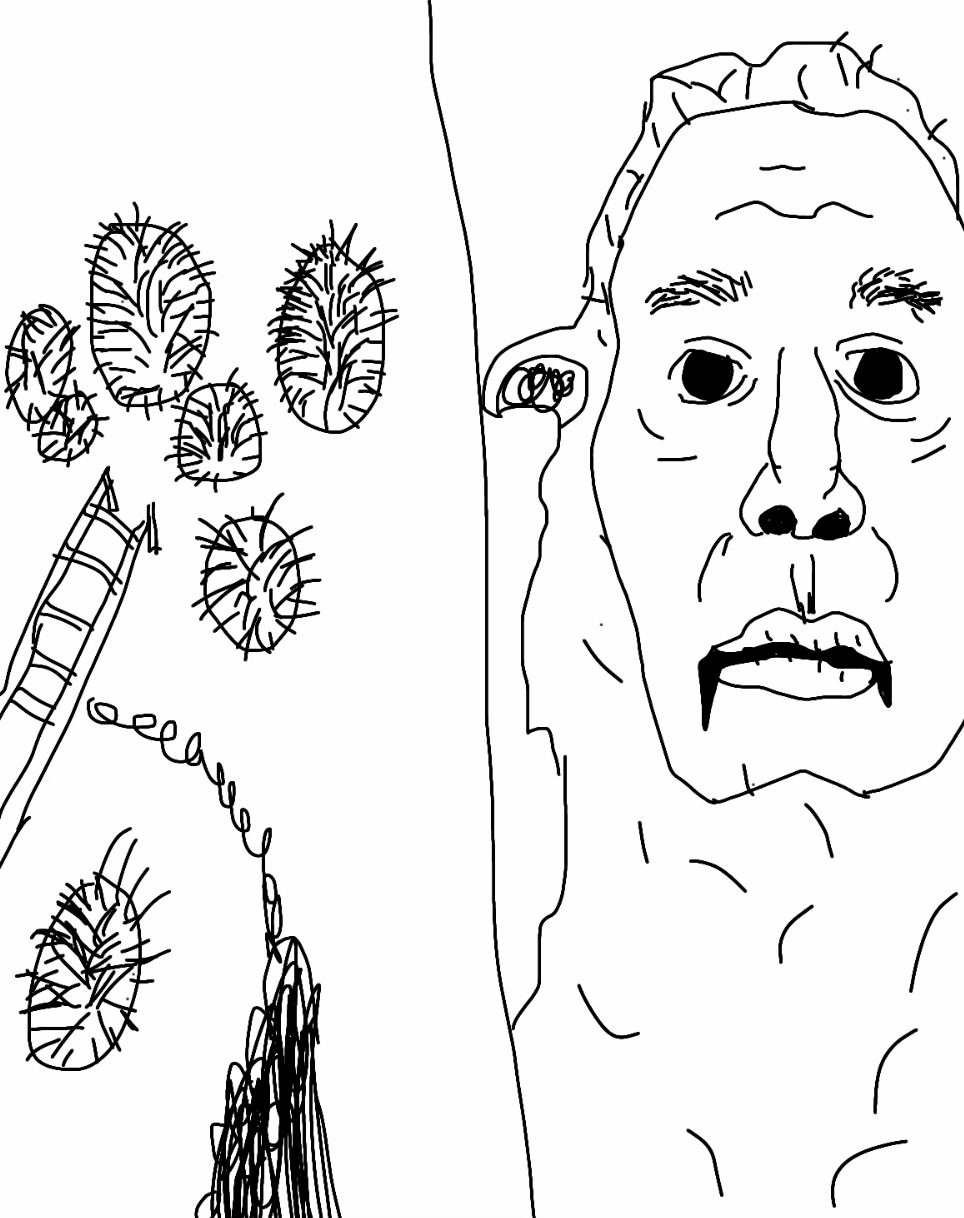 A drawing of a meme about a sheep who wants a diver to leave some of the urchins for the rest of them.