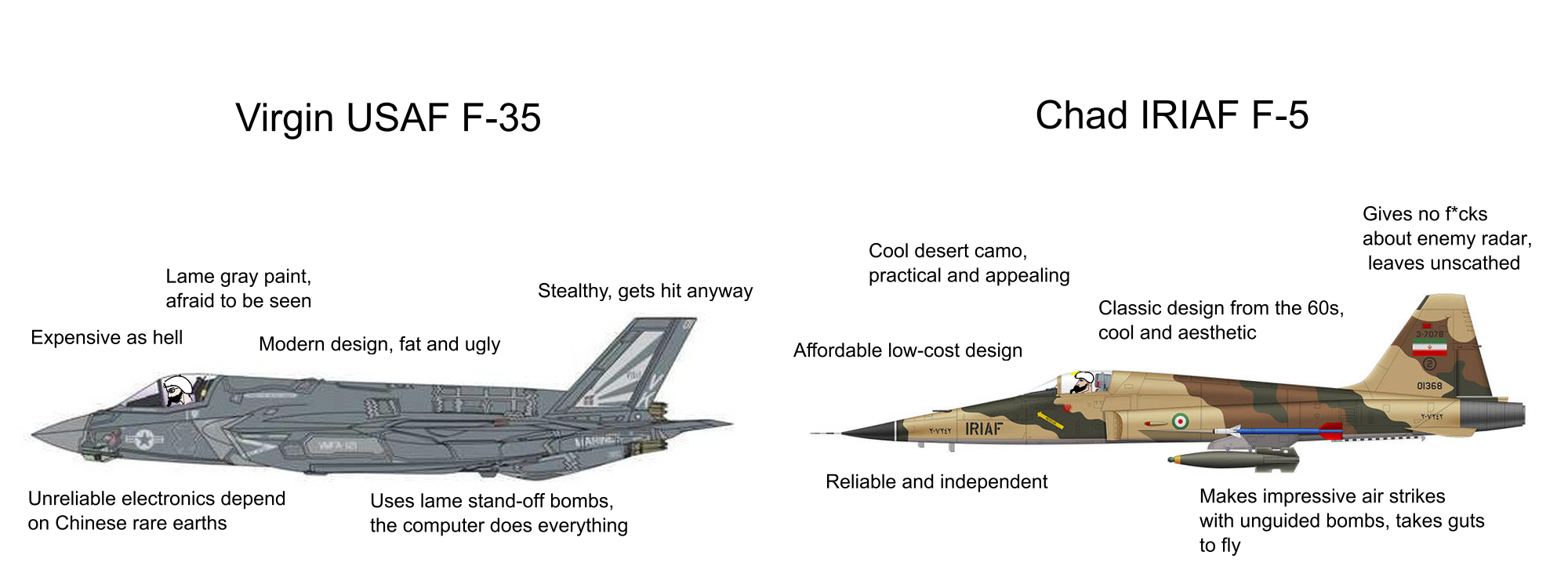 Virgin USAF F-35 Lame gray paint, afraid to be seen Expensive as hell Chad IRIAF F-5 Cool desert camo, practical and appealing Classic design from the 60s, cool and aesthetic Gives no f*cks about enemy radar, leaves unscathed 3-2078 Stealthy, gets hit anyway Modern design, fat and ugly Affordable low-cost design MARI TYTET IRIAF Reliable and independent Unreliable electronics depend on Chinese rare earths Uses lame stand-off bombs, the computer does everything 01368 ٢٠٧٢٤٢ Makes impressive air strikes with unguided bombs, takes guts to fly