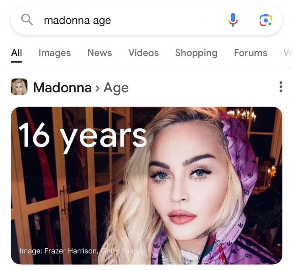 madonna age All Images News Videos Shopping Forums W Madonna > Age 16 years Image: Frazer Harrison, Getty Images