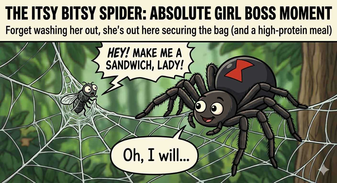 The Itsy Bitsy Spider caught a misoginist fly in her web. She's going to make him a sandwich...
