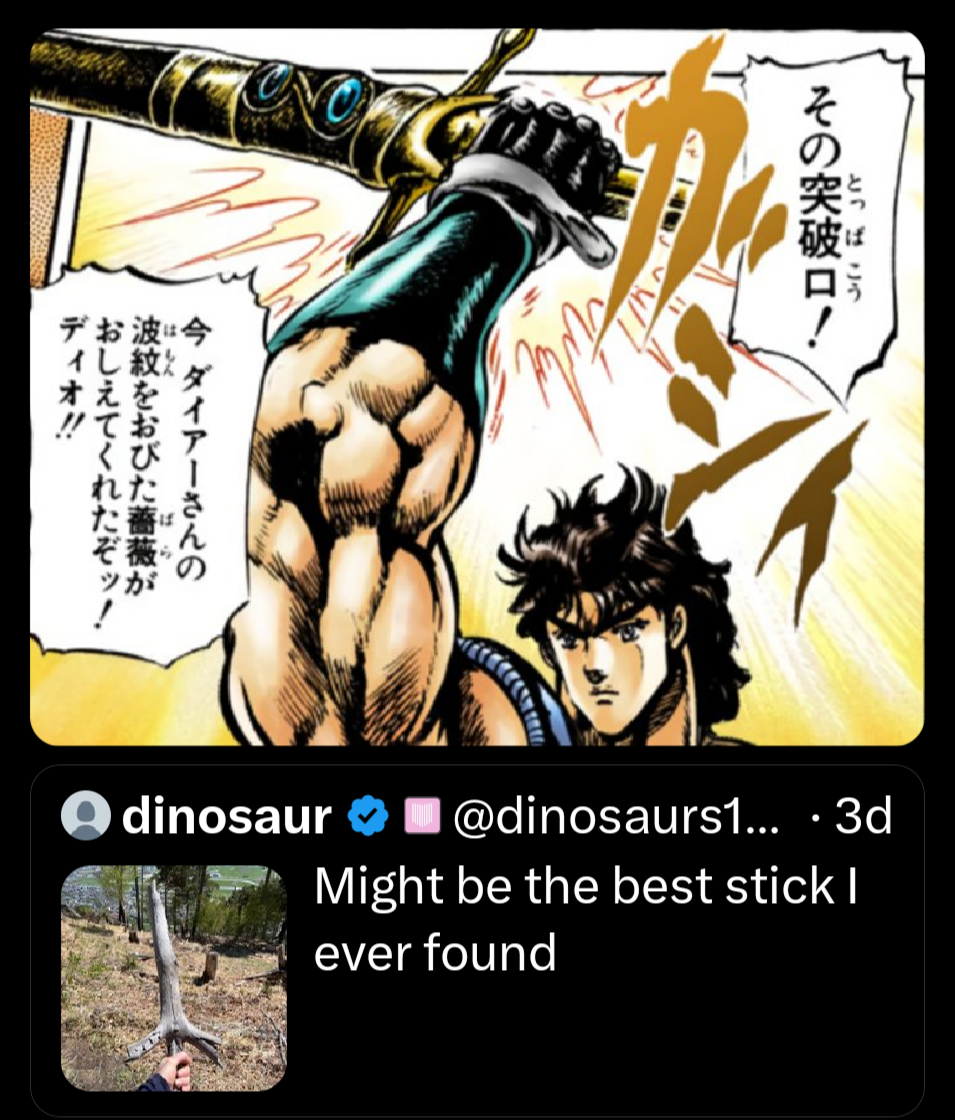 その突破口! とっぱこう 波紋をおびた薔薇が 今ダイアーさんの ディオ!!!! おしえてくれたぞッ! dinosaur ■ @dinosaurs1... ・3d Might be the best stick I ever found
