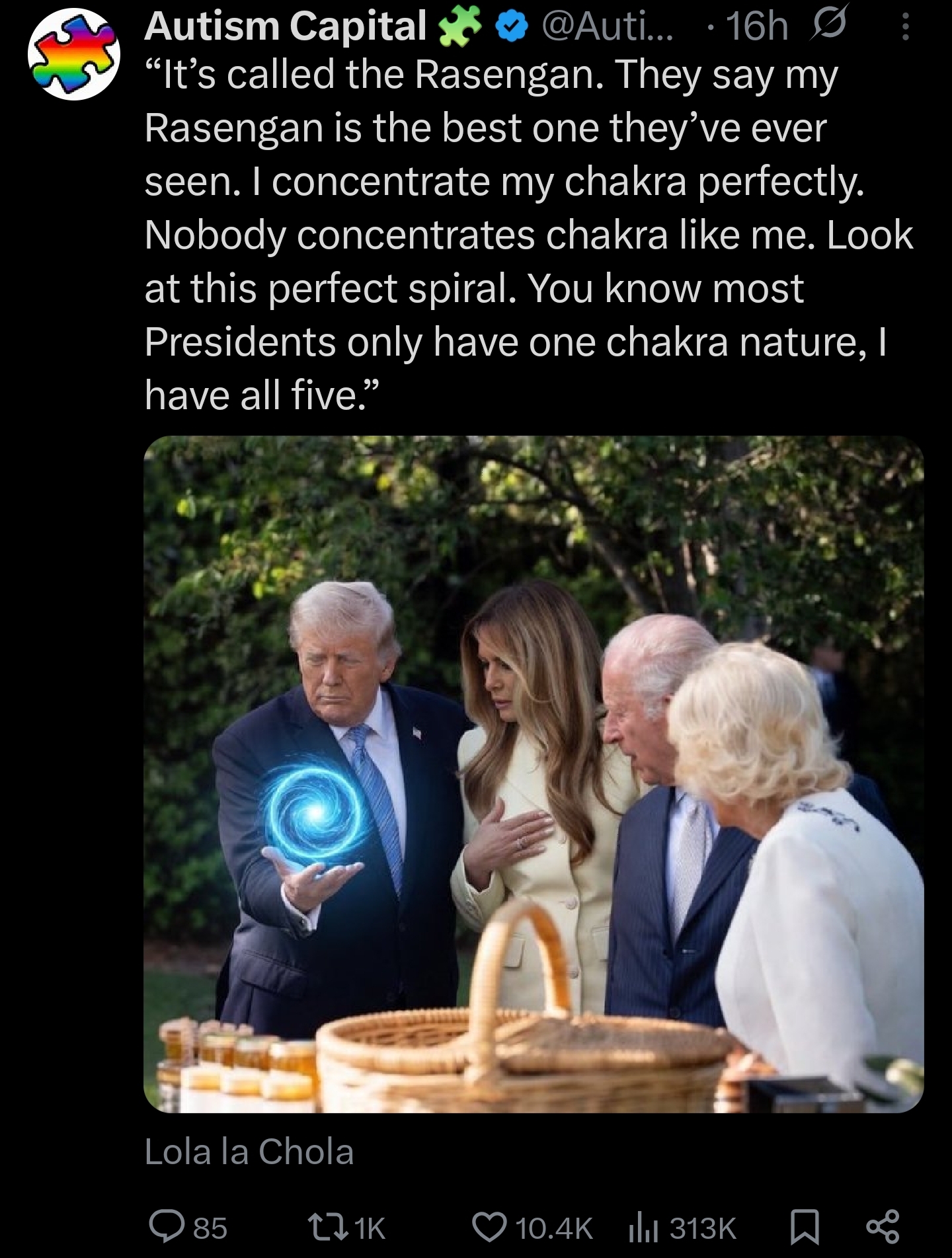 Autism Capital ☑ @Auti... . 16h 16h0 "It's called the Rasengan. They say my Rasengan is the best one they've ever seen. I concentrate my chakra perfectly. Nobody concentrates chakra like me. Look at this perfect spiral. You know most Presidents only have one chakra nature, I have all five." Lola la Chola 85 ↓ 1k 10.4K | 313K