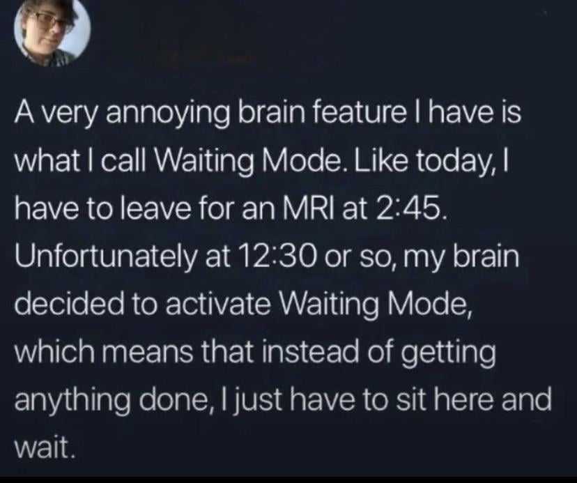 A very annoying brain feature I have is what I call Waiting Mode. Like today, I have to leave for an MRI at 2:45. Unfortunately at 12:30 or so, my brain decided to activate Waiting Mode, which means that instead of getting anything done, I just have to sit here and wait.