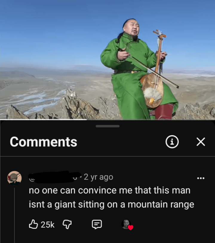Comments i ☑ • 2 yr ago no one can convince me that this man isnt a giant sitting on a mountain range 25k 目